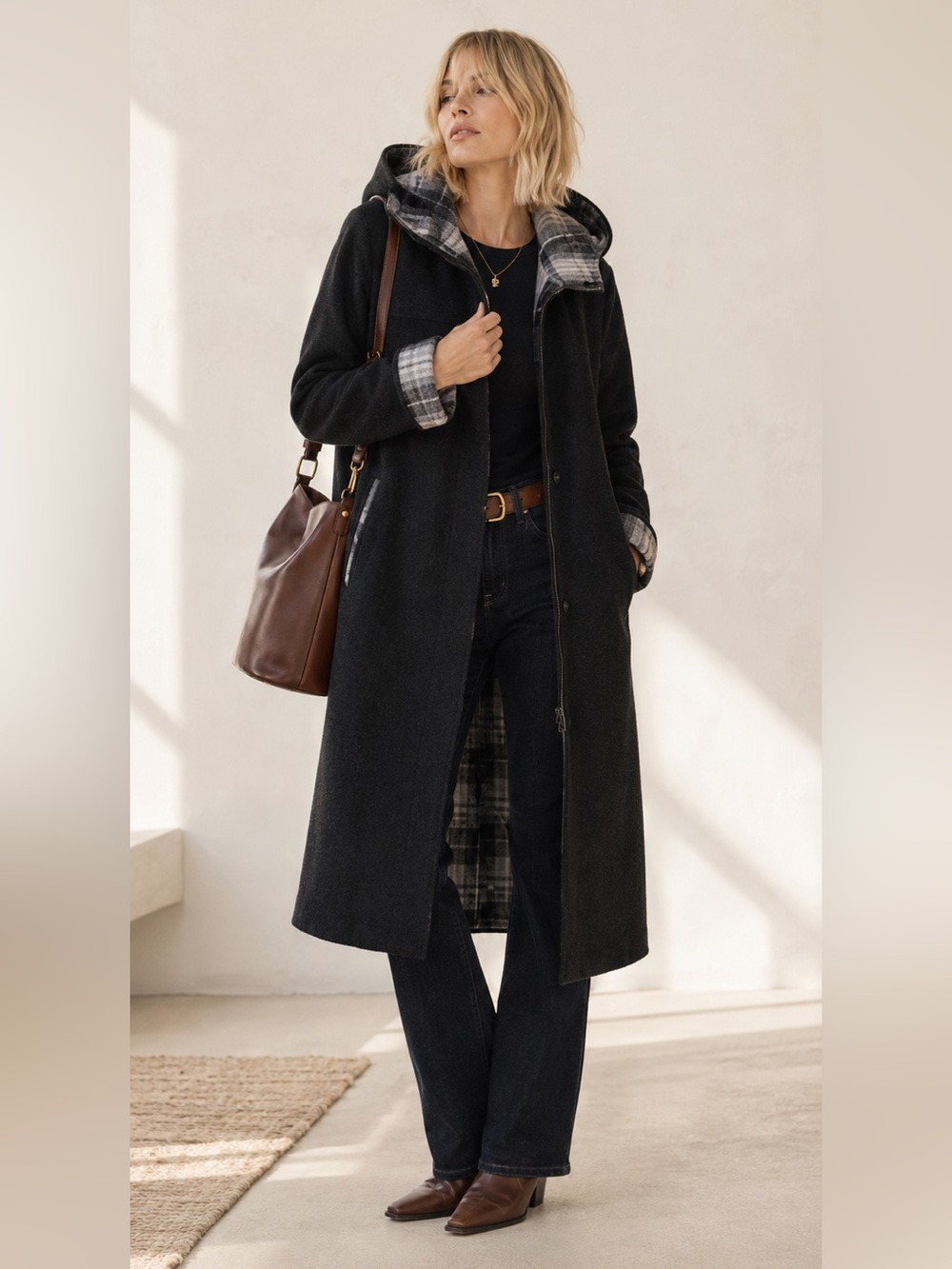 Combi Life Coat Bremer Long Hooded Plaid Lined Wool Blend Hidden Zip Pockets 14